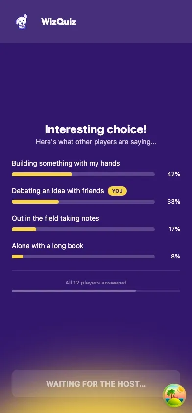 WizQuiz Live participant view showing how 12 players answered, with a percentage bar for each option