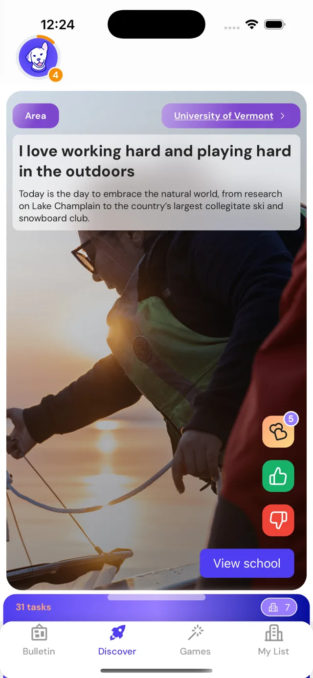 The University of Vermont sponsored prompt “I love working hard and playing hard in the outdoors” shown in the Loper app